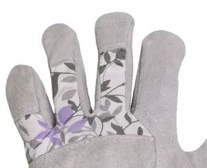 Mulch. Suede Palm Gardening Gloves - Extended Cuff - Lavender & Green Leaf Print - Medium Size 8 - 1 Pair