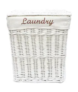 Wicker Rectangle Laundry basket With Cotton Lining + Lid White Large 45x34x54 cm