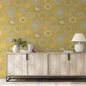 Arthouse Vintage Bloom Mustard Yellow Wallpaper