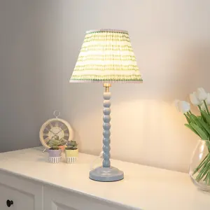 ValueLights Bobbles Powder Blue Bobbin Table Lamp with Pink Aztec Pleated Shade