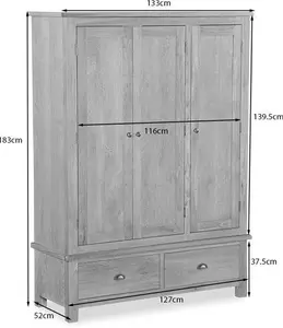 Oak World Ancroft Oak Triple Wardrobe 3 Doors & 2 Drawers With A Natural Waxed Finish & Bronzed Handles