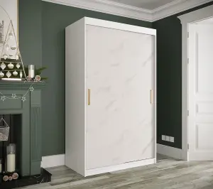 Elegant White Geneva T Sliding Door Wardrobe W1200mm H2000mm D620mm - Modern Design, Gold Handles, Space-Saving