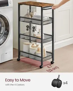 VASAGLE 4-Tier Trolley, Space-Saving Kitchen Cart with Wheels, Steel Frame, Trolley for Small Spaces, Rustic Brown and Black