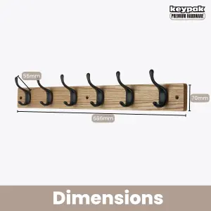 keypak 6 Matte Black Coat Hooks on Ash Effect Wooden Board - 68cm Modern Wall Mounted Coat Rack Clothes Hanger