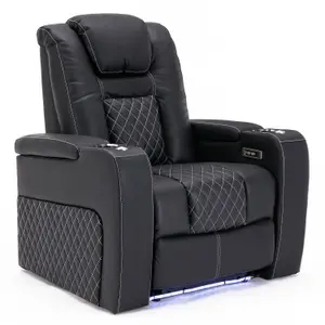 Broadway Cinema Electric Recliner Chair USB Charging Led Base (Black w White Stitching)