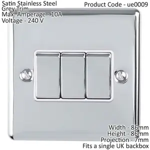 3 Gang Triple Light Switch SATIN STEEL 2 Way 10A Grey Trim & Metal Rocker