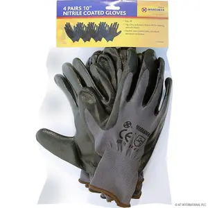 Pack Of 4 Heavy Duty Non-Slip Safety Work Gloves Nitrile Coating, Secure Grip Black Grey