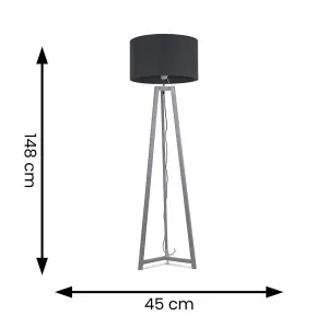 ValueLights Lottie Grey Wood Tripod Floor Lamp with Charcoal Grey Drum Shade - LED Bulb Included