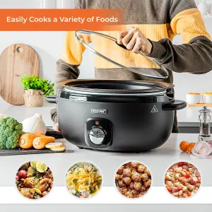 Geepas 6.5 Litre Slow Cooker 3 Temperature Settings, Removable Easy-Clean Aluminum Bowl Tempered Glass Lid & Cool Touch Handle