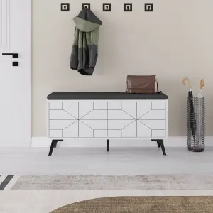 Decortie Modern Dune Shoe Storage Bench White with Fabric Seat 4 Doors Cabinet 107(W)cm Metal Legs Organizer Hallway