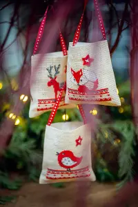 Counted Cross Stitch Kit: Draw String Gift Bags: Christmas Animals: Set of 3