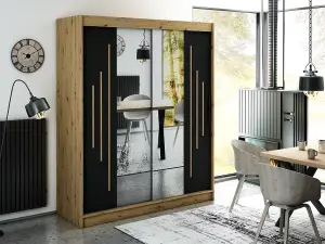 Leto Y1 Contemporary Mirrored 2 Sliding Door Wardrobe 9 Shelves 2 Rails Black Matt and Oak Effect (H)2000mm (W)1800mm (D)620mm