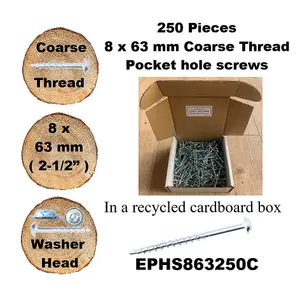 Pocket Hole Screws for Softwoods, 63mm Long, Pack of 250, Coarse Self-Cutting Threaded Square Drive, EPHS863250C, EPH Woodworking