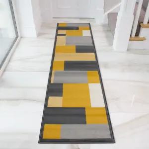 Ochre Grey Block Geometric Living Room Runner Rug 60x240cm