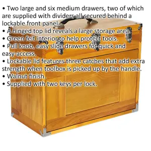 Wooden 8 Drawer Machinist Toolbox - Lockable Portable Chest for Tools