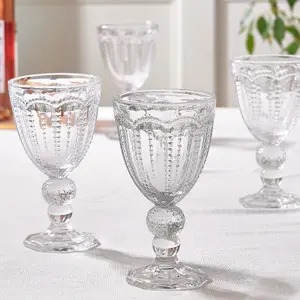 Set of 12 Vintage Luxury Clear Embossed Drinking Wine Goblet Glasses