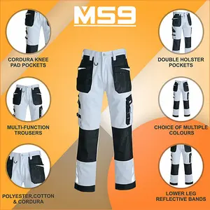 MS9 Mens Hi Viz Cargo Combat Holster Pockets Tactical Working Work Trouser Trousers Pants Jeans E1, White - 36W/32L