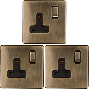 3 PACK 1 Gang DP 13A Switched UK Plug Socket SCREWLESS ANTIQUE BRASS Wall Power