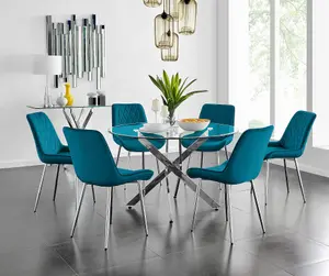 Furniturebox UK Novara 120cm Round Dining Table and 6 Blue Pesaro Silver Leg Chairs