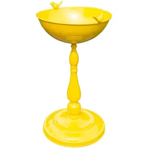 Small Yellow Bird Bath - Weather Resistant Metal Pedestal Style Colourful Outdoor Garden Wild Bird Water Bowl Station, H56 x W30cm