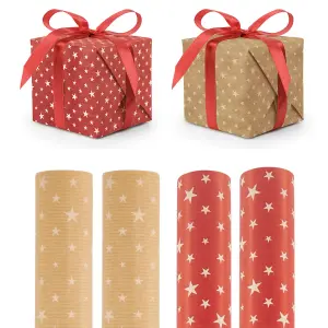 Festive Kraft Wrapping Paper with Red and Natural Star Designs - 4 Pack