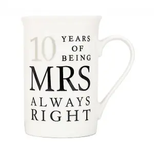 Ivory White 10th Anniversary Mr Right & Mrs Always Right Ceramic Mug Gift Set