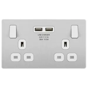 BG Evolve Brushed Steel Double Switched 13A Power Socket + 2 X USB (3.1A)