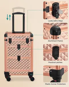 SONGMICS Beauty Case with 4 Removable Universal Wheels, Makeup Case, Rose Gold