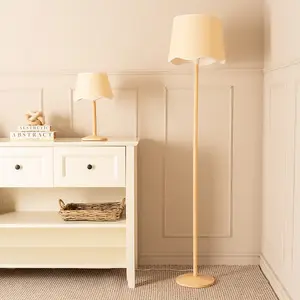 ValueLights Triston Natural Light Wood Stem Floor Lamp with Scallop White Trim Tapered Shade and LED Bulb