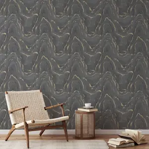 Muriva Woodgrain Marble Charcoal & Gold Metallic Luxury Wallpaper 199503