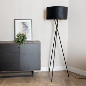 ValueLights Camden Gloss Black Tripod Floor Lamp with Black Velvet and Metallic Gold Inner Shade and LED Bulb