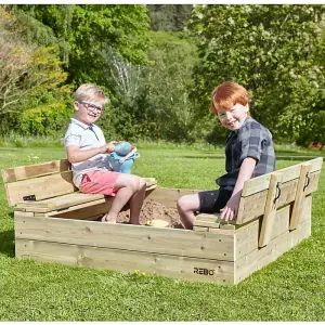 Rebo Wooden Sandpit Ball Pool with Folding Lid and Benches Sandbox - 120cm x 120cm