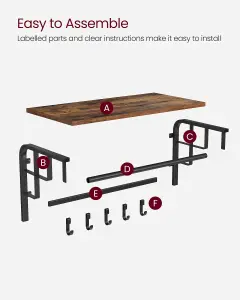 VASAGLE Wall Mounted Coat Rack with Storage Shelf, Wall Shelf with 5 Removable Hooks, Hanging Shelf, Rustic Brown and Black