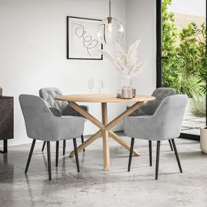 Malvern Round Dining Table And Chairs -  Oak Table Top w Solid Oak Legs + Anika Velvet Dining Chair Set Of 4 (Grey)