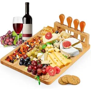 Bamboo Cheese Board Set With Cutlery Wooden Charcuterie Tray Platter Including 4 Stainless Steel Knife And Serving Utensils, Gift Idea For Birthdays, Wedding Registry, Housewarming