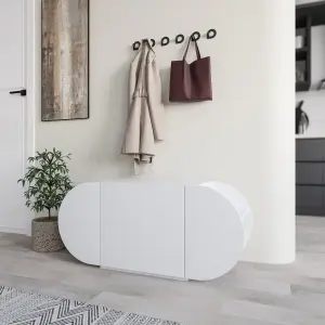 Decortie Modern Pozy Shoe Bench Storage White 110(W)cm Oval Shape 3-Door Minimal Organiser for Office, Hallway