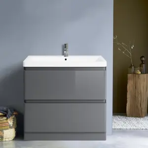 Rinse Bathrooms 800mm Free Standing Basin Vanity Cabinet Unit Bathroom Soft Close Drawers Storage Furniture Gloss Grey