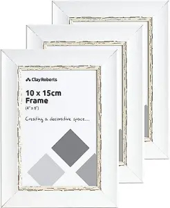 Clay Roberts Photo Picture Frames 6 x 4, White Vintage, Pack of 3, Freestanding and Wall Mountable, 10 x 15 cm, 6x4 Picture Frame