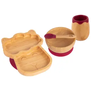 Tiny Dining - Llama Bamboo Suction Baby Feeding Set - Red - 4pc