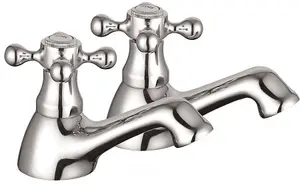 Edwardian Traditional Chrome Basin Taps Hot & Cold Classic Cross Head - PAIR