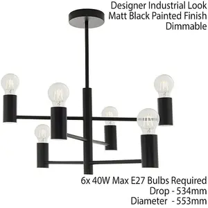 Semi Flush Ceiling Lamp Matt Black 6x Bulb Multi Light Industrial Urban Pendant