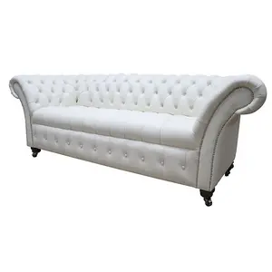 Chesterfield 3 Seater Shelly White Leather Buttoned Seat Sofa Settee In Balmoral Style