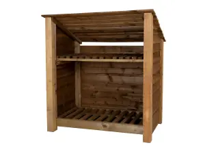 Wooden log store (roof sloping back) with kindling shelf W-119cm, H-126cm, D-88cm - brown finish