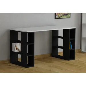 Simone Modern Desk with Built-in Bookcase – Stylish Workspace Desk with 6 Open Shelves White / White