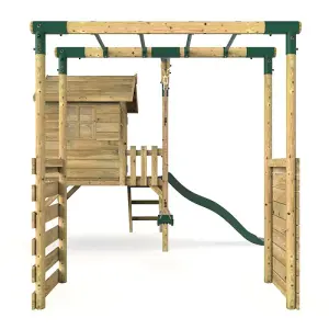 Rebo Orchard 4ft Wooden Children's Playhouse, Swings, Monkey Bars, Deck & 6ft Slide - Single Swing - Solar Green