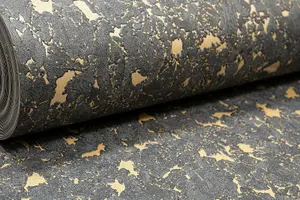 Arthouse Metallic Gold Charcoal Black Textured Vinyl Wallpaper Industrial Marble