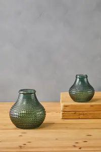 Interiors by Premier Small Green Glass Vase With Vibrant Green Hue, Textured Pottery Vase With Studded Surface, Stylish Glass Vase