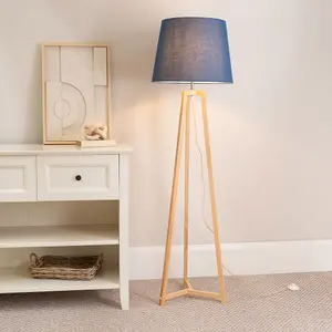 ValueLights Lottie Natural Wood Tripod Floor Lamp with Navy Blue Tapered Shade