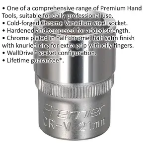 Premium 21mm Chrome Vanadium Steel Drive Socket - 1/2 Inch Square Drive Wrench Tool