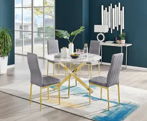 Furniturebox UK Novara White Marble Gold Leg 120cm Round Dining Table & 4 Grey Velvet Milan Gold Leg Chairs